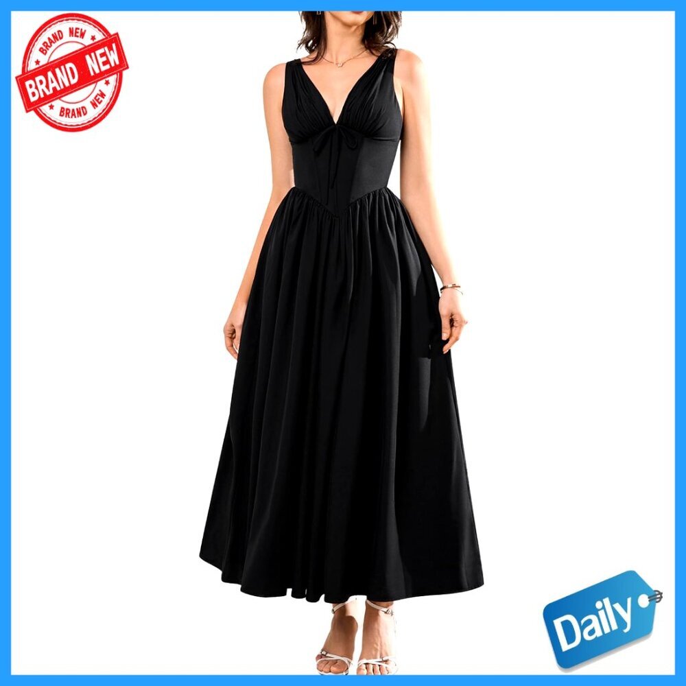 Summer Corset Midi Dress V Neck Flowy A Line Sundress with Pockets Wedding Guest